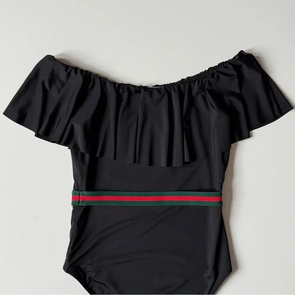 Stella Cove Girls Black Ruffle Swimsuit with Gucci-Style Belt - Size 12Y